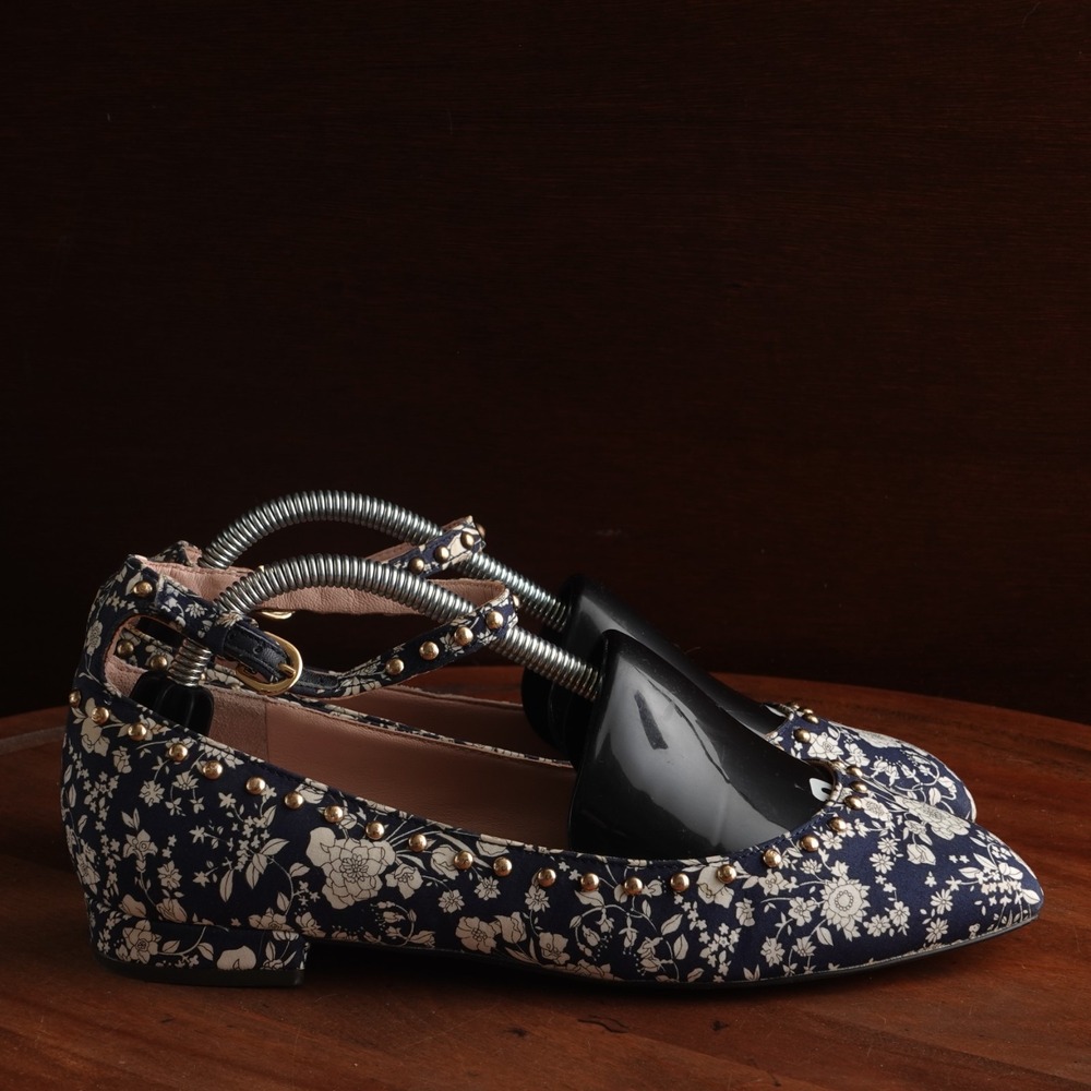 J.Crew Flats WMS SZ 6.5 Blue Floral Poppy Cottagecore Boho Studded Feminine Shoe